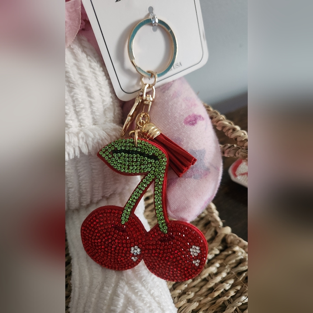 Cherry Rhinestone Bag Charm Key Holder